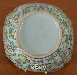 C1850 Chinese Porcelain Cut Corner Serving Bowl Celadon Butterfly Rose Bird Qing