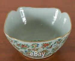 C1850 Chinese Porcelain Cut Corner Serving Bowl Celadon Butterfly Rose Bird Qing