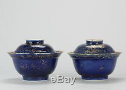 CA 1720 Kangxi Powder Blue Gilded Lidded Bowls Jar Chinese Porcelain Antique
