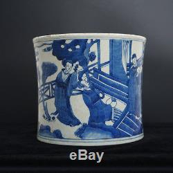 China Antique Blue And White Porcelain Figures Painting Brush Pot KangXi Marked