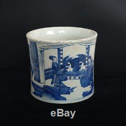 China Antique Blue And White Porcelain Figures Painting Brush Pot KangXi Marked