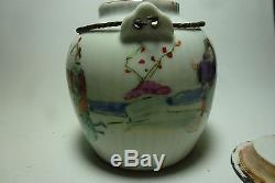 Chinese 19thC Porcelain Teapot Tongzhi Mark Figures Metal Handle Ribbed Shape