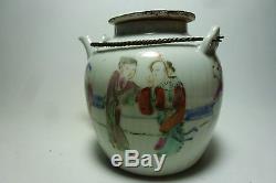 Chinese 19thC Porcelain Teapot Tongzhi Mark Figures Metal Handle Ribbed Shape