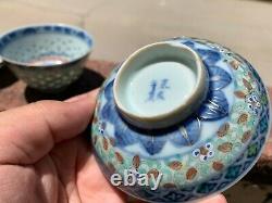 Chinese Antique Blue And White Porcelain Tea Cup With Famille Rose Flowers Pair