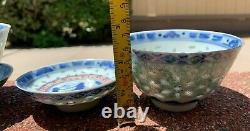Chinese Antique Blue And White Porcelain Tea Cup With Famille Rose Flowers Pair
