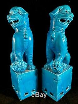 Chinese Antique Blue Porcelain Ceramic Foo Dog Statue Figurine One Pair