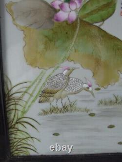 Chinese Antique Famille Rose Framed Porcelain Panel Bird Flower