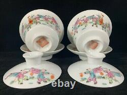 Chinese Antique Famille Rose Porcelain Teacup Pair of Kids Riding Dragon