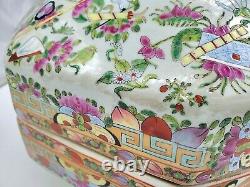 Chinese Antique Large Famille Rose Canton Porcelain Box 24k Gold Repaired LID