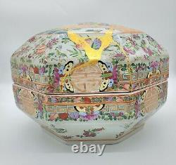 Chinese Antique Large Famille Rose Canton Porcelain Box 24k Gold Repaired LID