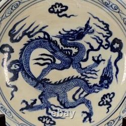 Chinese Antique Plate Blue and White Dragon Cloud Ming Dynasty Porcelain-Marked