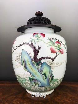 Chinese Antique Porcelain Famille Rose Jar With Peaches and Rocks 19th Century
