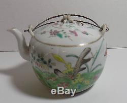 Chinese Antique Porcelain Teapot Tongzhi Mark Metal Handle Bird Butterfly Flower