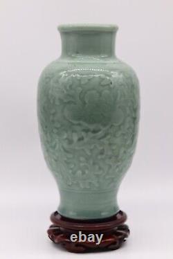 Chinese Antique Qing Dynasty Carved Green Glazed Porcelain Vase With Flowers