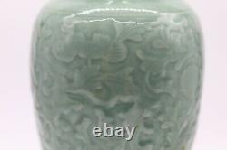 Chinese Antique Qing Dynasty Carved Green Glazed Porcelain Vase With Flowers