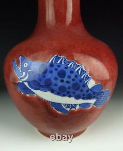 Chinese Antique Red Glazed Porcelain Vase with Blue Fish Pattern