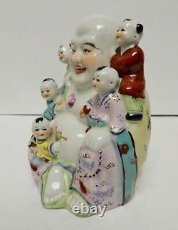 Chinese Asian Laughing Happy Buddha With Climbing Children Porcelain Vintage