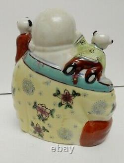 Chinese Asian Laughing Happy Buddha With Climbing Children Porcelain Vintage
