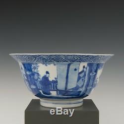 Chinese B&W porcelain klapmuts bowl, Kangxi mark & period, ca. 1700. Figures