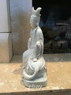 Chinese Blanc-de-Chine Dehua Porcelain Figurine Guanyin on Qilin withMaker's Mark