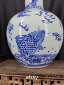 Chinese Blue&White Porcelain HandPainted Exquisite Fish Dragon Vases 15692
