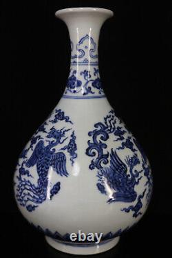 Chinese Blue&white Porcelain HandPainted Exquisite Phoenix Pattern Vase 20443