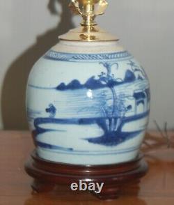 Chinese CANTON GINGER JAR Lamp Blue & White Porcelain Vase #2 Pair Available