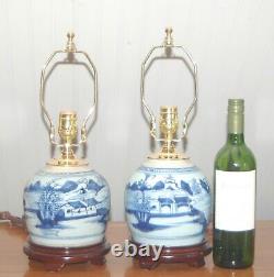 Chinese CANTON GINGER JAR Lamp Blue & White Porcelain Vase #2 Pair Available