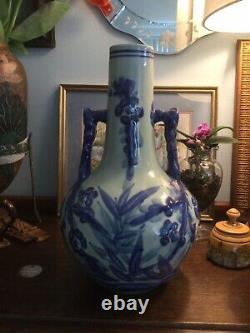 Chinese Canton Style Porcelain Blue Glazed Bottle Vases 20th C