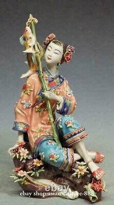 Chinese Ceramic Lady Figurine Wucai Porcelain Fish Figurine Fishing & Harvest