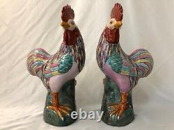 Chinese Export Famille Rose Cockerel Rooster Large Porcelain Pair 35.5cm, 14