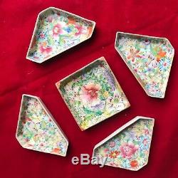 Chinese Famille Rose Porcelain Set of 5 dishes with White Carved Cinnabar Box