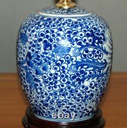 Chinese GINGER JAR LAMPS Phoenix Pair Blue & White Porcelain Tea Caddy Vases 7-O