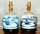 Chinese Ginger Jar Lamps Pair Blue & White Porcelain Canton (3w)