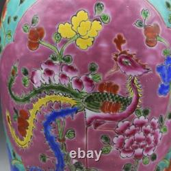 Chinese Green Famille Rose Porcelain Qing Phoenix Peony Design Vase 15.74 inch