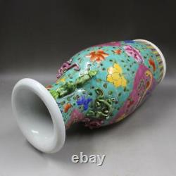 Chinese Green Famille Rose Porcelain Qing Phoenix Peony Design Vase 15.74 inch
