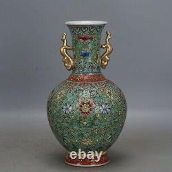 Chinese Green Famille Rose Porcelain Qing Qianlong Flowers Peach Vase 9.96 inch