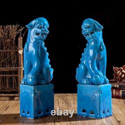 Chinese Jingdezhen Ceramics Porcelain Blue Foo Fu Dog Guardion Lion Statue Pair
