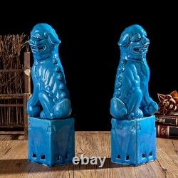 Chinese Jingdezhen Ceramics Porcelain Blue Foo Fu Dog Guardion Lion Statue Pair