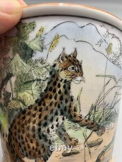 Chinese Late Qing/Republic Porcelain Cachepot Hand Painted Lynx Cat