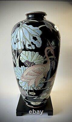 Chinese Macau Famille Noire Porcelain Black Enamel Avian/Lotus /Floral Vase