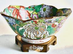 Chinese Mille Fleur Bowl Gold Gilt, Quianlong Mark, Yue Hwa Products Label