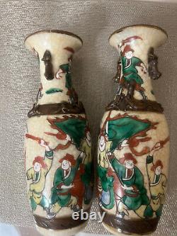 Chinese Nanking Porcelain Crackle Baluster Warrior Vase Qing Era