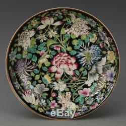 Chinese Old Marked Black Ground Famille Rose Flowers Pattern Porcelain Plate