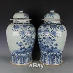 Chinese Old Pair Blue And White Birds And Flowers Pattern Porcelain Temple Jars