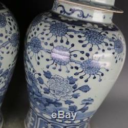 Chinese Old Pair Blue And White Birds And Flowers Pattern Porcelain Temple Jars