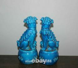 Chinese Old Pair Marked Blue Glaze Porcelain Fengshui Lion Foo Fu Dogs Statues