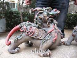 Chinese Old WuCai porcelain talisman Foo Dog Lion beast kylin Kilin Kirin Pair