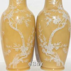 Chinese Pair Of 2 Yellow Glaze Ground Prunus Birds Pate Sur Pate Porcelain Vases
