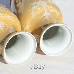 Chinese Pair Of 2 Yellow Glaze Ground Prunus Birds Pate Sur Pate Porcelain Vases